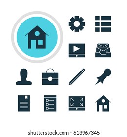Vector Illustration Of 12 Online Icons. Editable Pack Of House, Portfolio, Play Button And Other Elements.