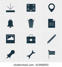 Vector Illustration Of 12 Online Icons. Editable Pack Of Map Marker, Map Pointer, Upload And Other Elements.