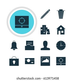 Vector Illustration Of 12 Online Icons. Editable Pack Of Trash, Target Scope, House And Other Elements.