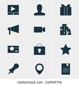 Vector Illustration Of 12 Online Icons. Editable Pack Of Bookshelf, Video Camera, Account And Other Elements.