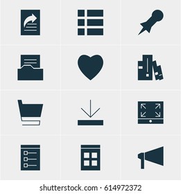 Vector Illustration Of 12 Online Icons. Editable Pack Of List, Bookshelf, Trolley And Other Elements.