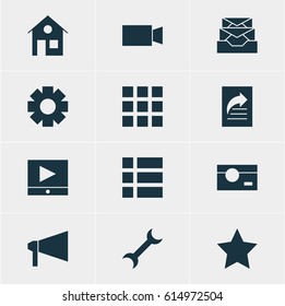 Vector Illustration Of 12 Online Icons. Editable Pack Of Grid, Bookmark, House And Other Elements.