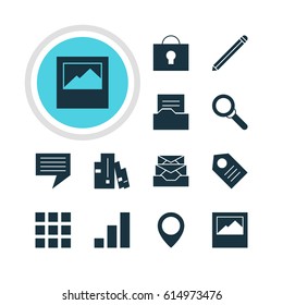 Vector Illustration Of 12 Online Icons. Editable Pack Of Magnifier, Bookshelf, Chat And Other Elements.