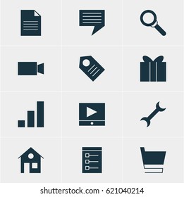 Vector Illustration Of 12 Online Icons. Editable Pack Of Video Camera, Magnifier, Document And Other Elements.