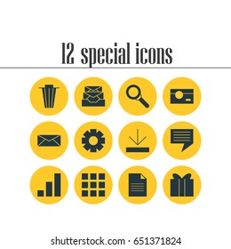 Vector Illustration Of 12 Online Icons. Editable Pack Of Gear, Grid, Upload And Other Elements.