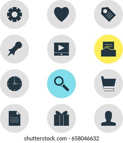 Vector Illustration Of 12 Online Icons. Editable Pack Of Thumbtack, Trolley, Magnifier And Other Elements.