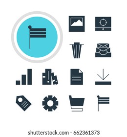 Vector Illustration Of 12 Online Icons. Editable Pack Of Target Scope, Document, Trolley And Other Elements.