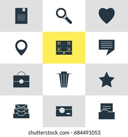 Vector Illustration Of 12 Online Icons. Editable Pack Of Portfolio, Magnifier, Maximize And Other Elements.