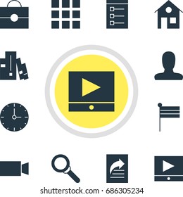 Vector Illustration Of 12 Online Icons. Editable Pack Of Bookshelf, Magnifier, House And Other Elements.