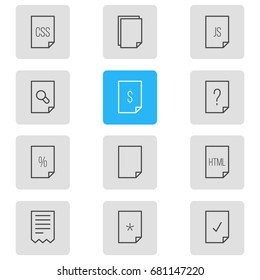 Vector Illustration Of 12 Page Icons. Editable Pack Of Dollar, Question, Folder And Other Elements.