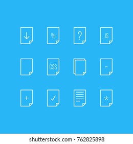 Vector Illustration Of 12 Page Outline Icons. Editable Set Of Basic, Upload, Script And Other Elements.