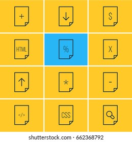 Vector Illustration Of 12 Paper Icons. Editable Pack Of HTML, Basic, Code And Other Elements.