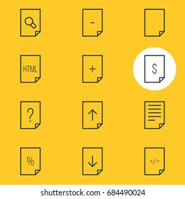 Vector Illustration Of 12 Paper Icons. Editable Pack Of Upload, Plus, Munus And Other Elements.
