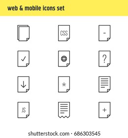 Vector Illustration Of 12 Paper Icons. Editable Pack Of Plus, Copy, Question And Other Elements.