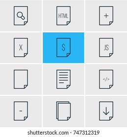 Vector Illustration Of 12 Paper Icons. Editable Pack Of Search, Document, Plus And Other Elements.