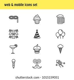 Vector illustration of 12 party icons line style. Editable set of cocktail, carnaval mask, sorbet and other icon elements.