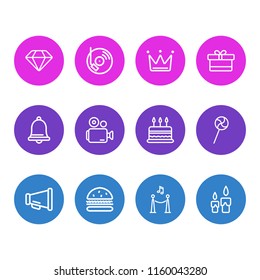 Vector illustration of 12 party icons line style. Editable set of candle, dj music, candy cane icon elements.