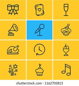 Vector illustration of 12 party icons line style. Editable set of turkey, festive bow, champagne and other icon elements.