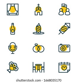 Ilustración vectorial del estilo de línea de iconos de 12 partes. Conjunto editable de calendario, iglesia, boda y otros elementos de icono.