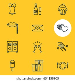 Vector Illustration Of 12 Party Icons. Editable Pack Of Jingle, Carnaval Mask, Goblet And Other Elements.