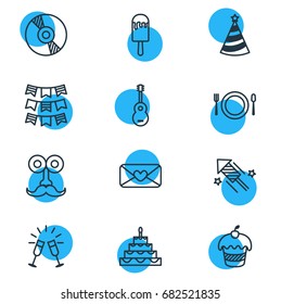 Vector Illustration Of 12 Party Icons. Editable Pack Of Patisserie, Compact Disk, Goblet And Other Elements.