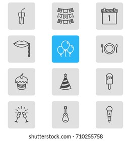 Vector Illustration Of 12 Party Icons. Editable Pack Of Goblet, Karaoke, Sundae And Other Elements.