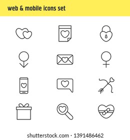 Vector illustration of 12 passion icons line style. Editable set of mail, find, soul and other icon elements.