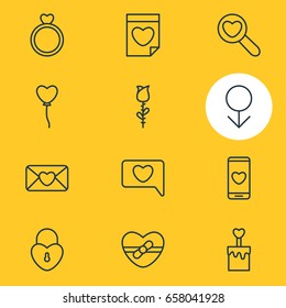 Vector Illustration Of 12 Passion Icons. Editable Pack Of Candle , Valentine , Smartphone Elements.