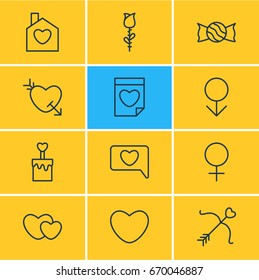 Vector Illustration Of 12 Passion Icons. Editable Pack Of Cupid, Soul, Hearts And Other Elements.
