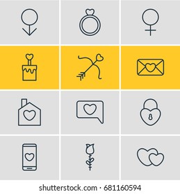 Vector Illustration Of 12 Passion Icons. Editable Pack Of Lock, Hearts, Invitation And Other Elements.