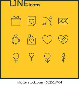 Vector Illustration Of 12 Passion Icons. Editable Pack Of Woman, Gift, Rose And Other Elements.