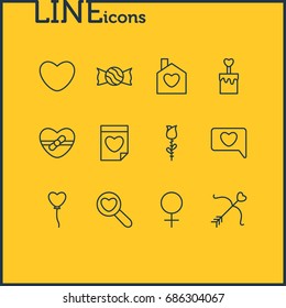 Vector Illustration Of 12 Passion Icons. Editable Pack Of Decoration, Valentine, Home And Other Elements.