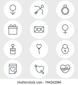 Vector Illustration Of 12 Passion Icons. Editable Pack Of Woman, Cupid, Engagement And Other Elements.
