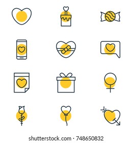 Vector Illustration Of 12 Passion Icons. Editable Pack Of Decoration, Present, Messenger And Other Elements.