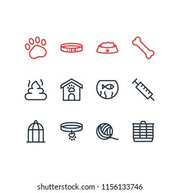 Vector illustration of 12 pet icons line style. Editable set of pet poo, clew, syringe and other icon elements.