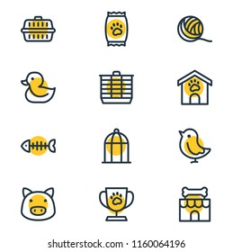 Vector illustration of 12 pet icons line style. Editable set of clew, kibble, duck and other icon elements.