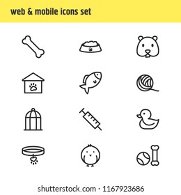 Vector illustration of 12 pet icons line style. Editable set of hamster, bone, pet toys and other icon elements.