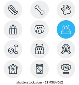 Vector illustration of 12 pet icons line style. Editable set of pet shop, comb, birdcage and other icon elements.