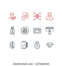 Vector illustration of 12 privacy icons line style. Editable set of damaged file, personal information, fingerprint scanner and other icon elements.