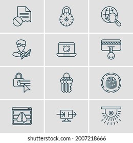 Vector illustration of 12 privacy icons line style. Editable set of data sharing, antivirus, fingerprint scanner and other icon elements.