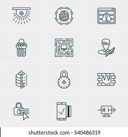 Vector Illustration Of 12 Privacy Icons. Editable Pack Of Encoder, Camera, Browser Warning And Other Elements.