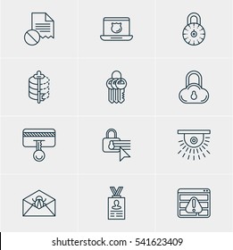 Vector Illustration Of 12 Privacy Icons. Editable Pack Of Camera, Encoder, Key Collection And Other Elements.
