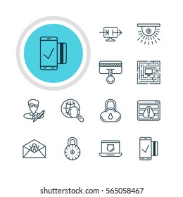 Vector Illustration Of 12 Privacy Icons. Editable Pack Of Easy Payment, Corrupted Mail, Safety Key And Other Elements.