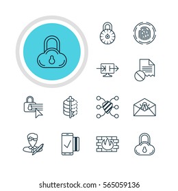 Vector Illustration Of 12 Privacy Icons. Editable Pack Of Network Protection, Safe Lock, Finger Identifier And Other Elements.