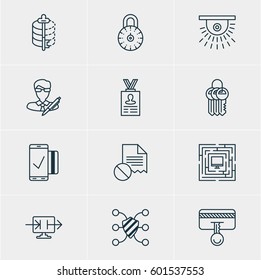 Vector Illustration Of 12 Privacy Icons. Editable Pack Of Account Data, Safety Key, Camera And Other Elements.