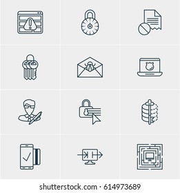 Vector Illustration Of 12 Privacy Icons. Editable Pack Of Copyright, Confidentiality Options, Encoder And Other Elements.