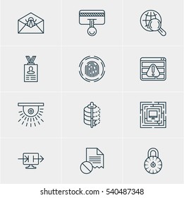 Vector Illustration Of 12 Protection Icons. Editable Pack Of Encoder, Safe Lock, Safety Key And Other Elements.