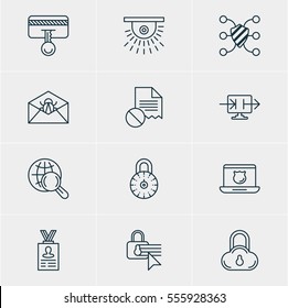 Vector Illustration Of 12 Protection Icons. Editable Pack Of Confidentiality Options, Camera, Safe Storage And Other Elements.