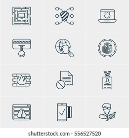 Vector Illustration Of 12 Protection Icons. Editable Pack Of Data Error, Finger Identifier, Browser Warning And Other Elements.