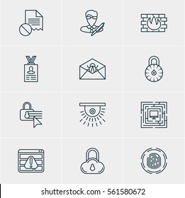 Vector Illustration Of 12 Protection Icons. Editable Pack Of Browser Warning, Safe Storage, Finger Identifier And Other Elements.